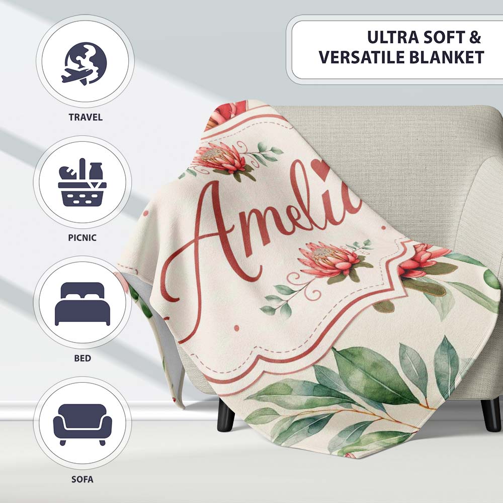 Coral Protea Flowers with Green Leaves Seamless Botanical Pattern Personalised Custom Name Super Soft Fleece Blanket Bed Sofa Throw
