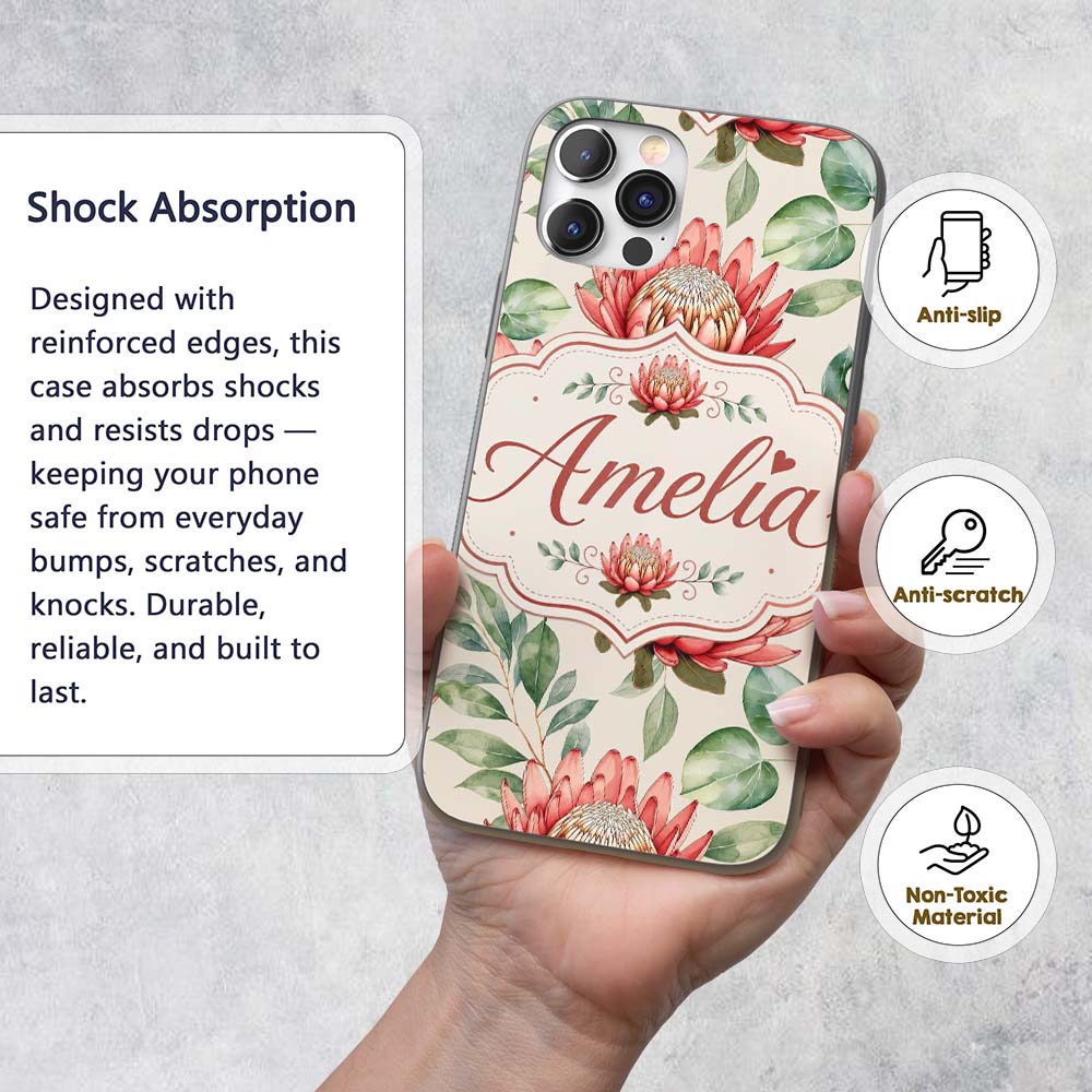 Coral Protea Flowers with Green Leaves Seamless Custom Name Protective Phone Case Mobile Cover Durable Everyday Smartphone Shock Resistant