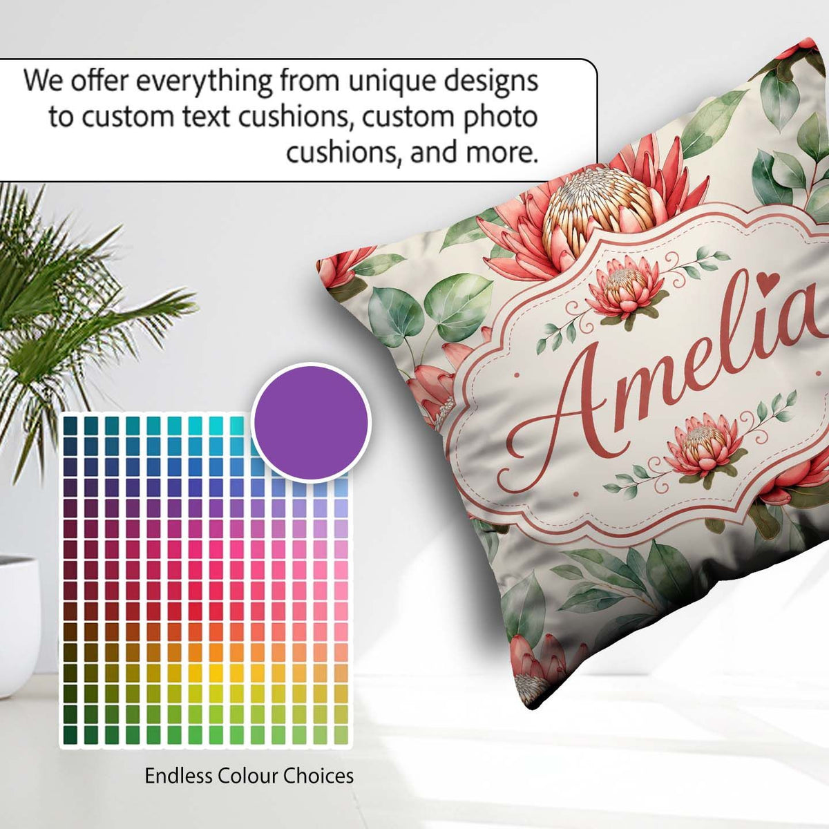 Custom Name Coral Protea Flowers Green Leaves Seamless Botanical Square Filled Cushion Throw Pillow Sofa Bed Home Decor Zip Washable UK Made