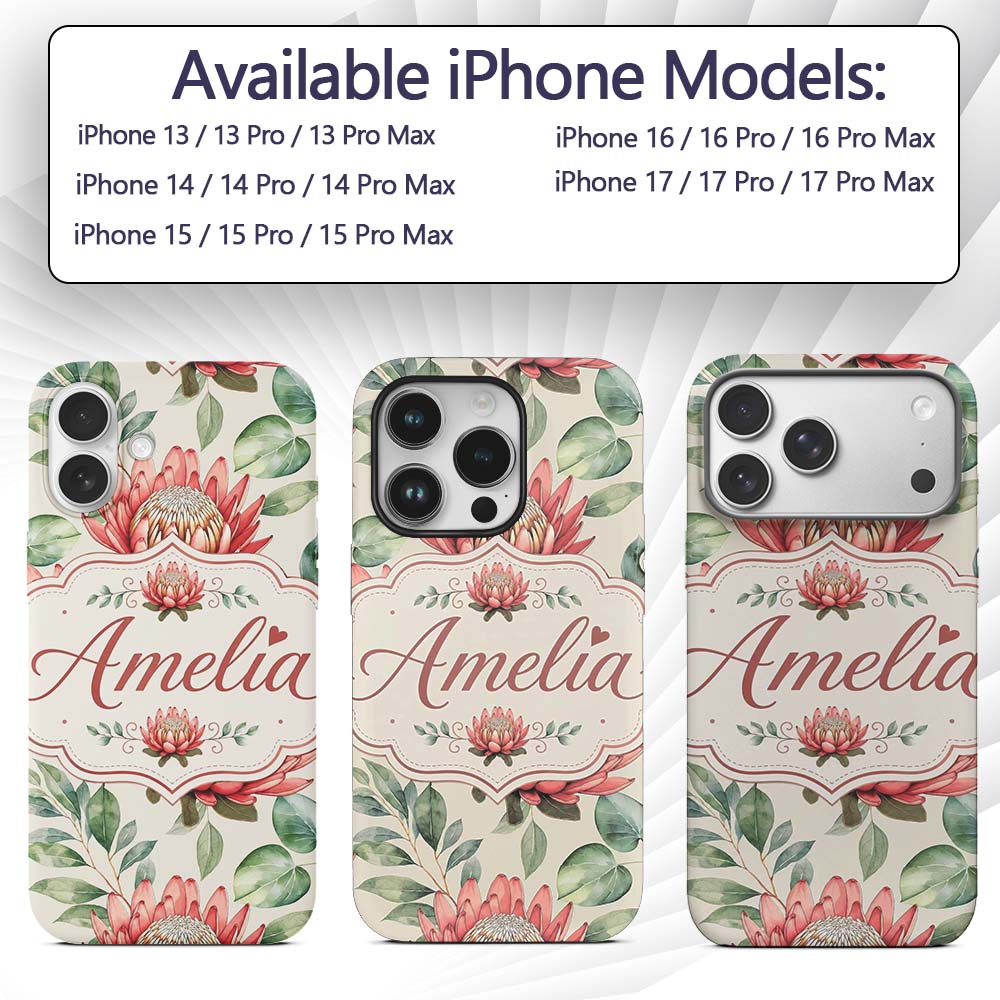 Coral Protea Flowers with Green Leaves Seamless Custom Name Protective Phone Case Mobile Cover Durable Everyday Smartphone Shock Resistant
