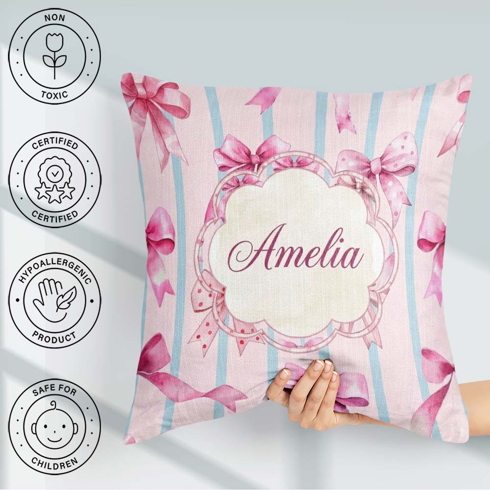 Custom Name Watercolor Pink Ribbon Bow Pattern with Blue Stripes Square Filled Cushion Throw Pillow Sofa Bed Home Decor Zip Washable UK Made