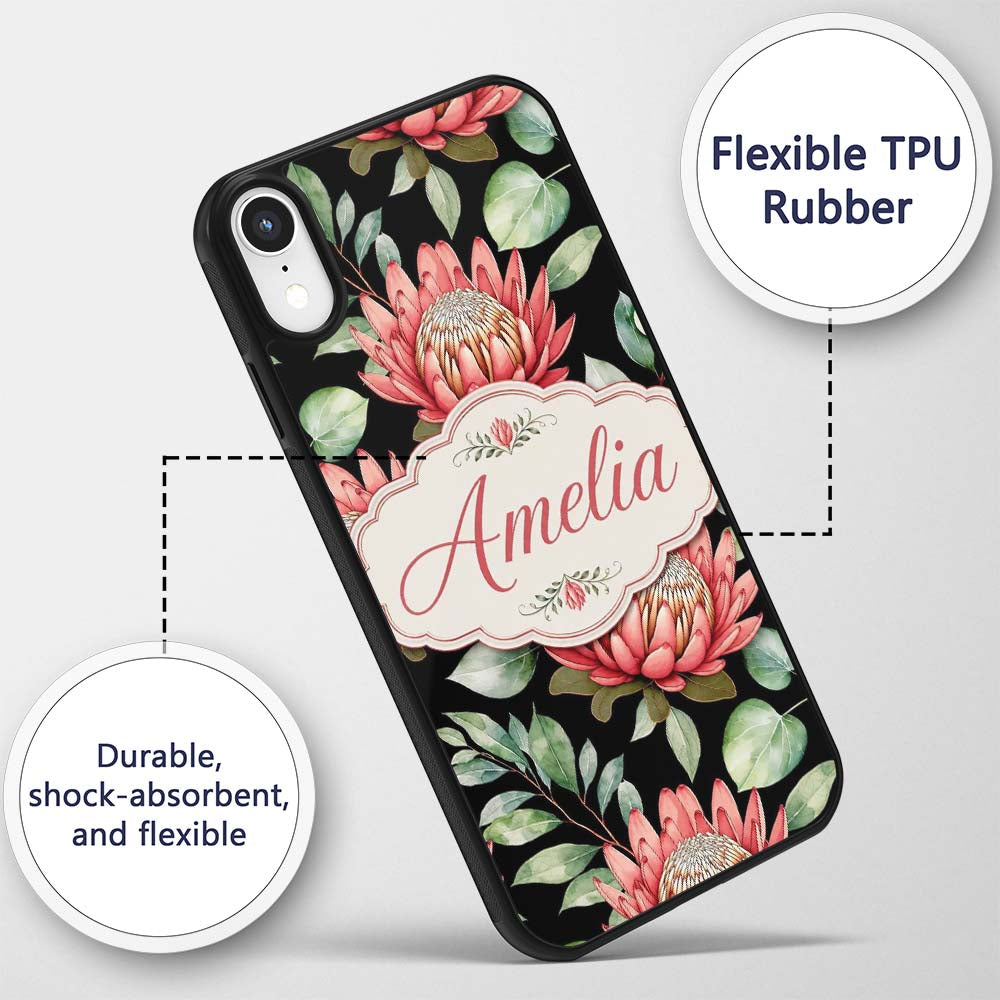Coral Protea Flowers on Black Background Seamless Custom Name Protective Phone Case Mobile Cover Durable Everyday Smartphone Shock Resistant