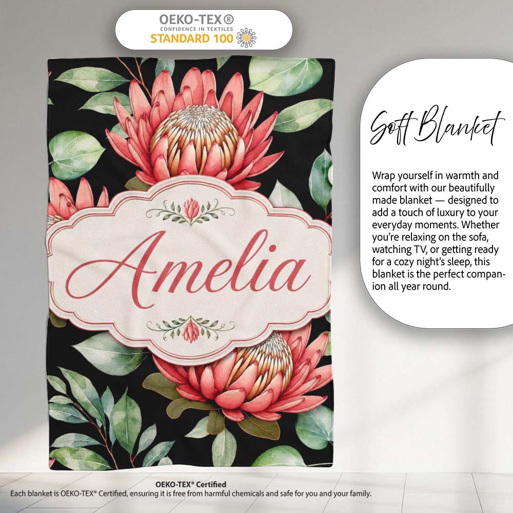 Coral Protea Flowers on Black Background Seamless Botanical Pattern Personalised Custom Name Super Soft Fleece Blanket Bed Sofa Throw