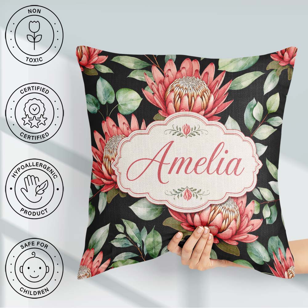 Custom Name Coral Flowers on Black Background Seamless Botanical Square Filled Cushion Throw Pillow Sofa Bed Home Decor Zip Washable UK Made