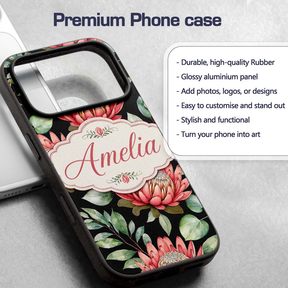 Coral Protea Flowers on Black Background Seamless Custom Name Protective Phone Case Mobile Cover Durable Everyday Smartphone Shock Resistant