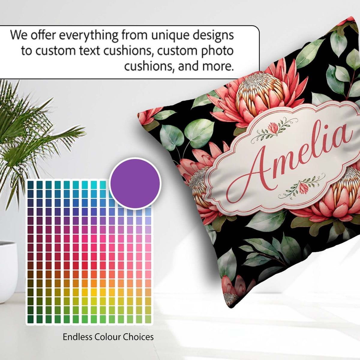 Custom Name Coral Flowers on Black Background Seamless Botanical Square Filled Cushion Throw Pillow Sofa Bed Home Decor Zip Washable UK Made