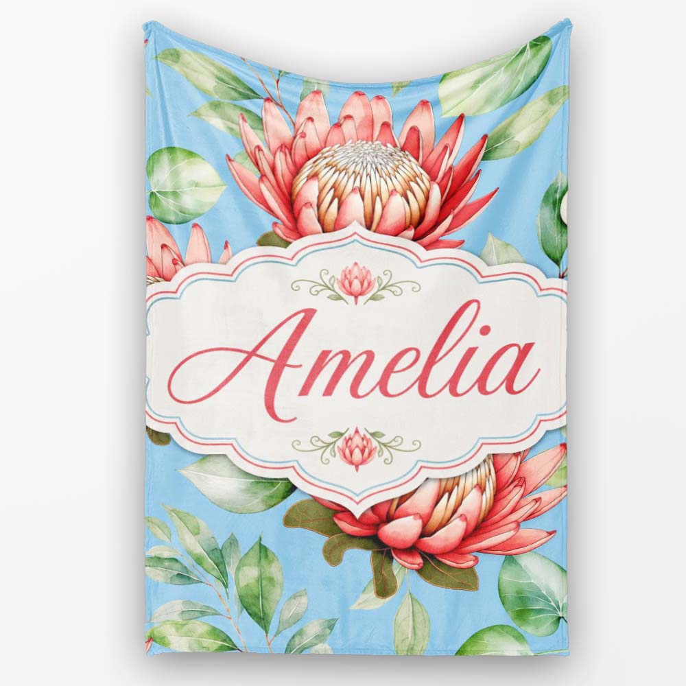 Coral Protea Flowers on Soft Blue Background Seamless Botanical Personalised Custom Name Super Soft Fleece Blanket Bed Sofa Throw