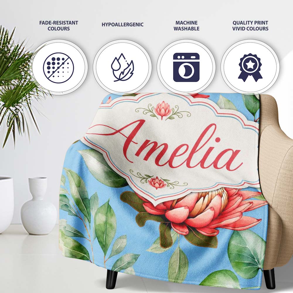 Coral Protea Flowers on Soft Blue Background Seamless Botanical Personalised Custom Name Super Soft Fleece Blanket Bed Sofa Throw