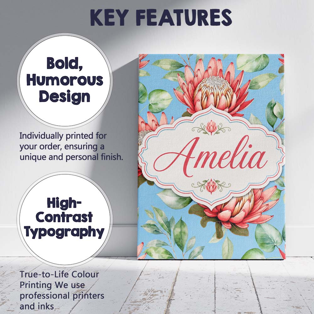 Personalised Name Coral Protea Flowers on Custom Unique Gift Idea Elegant Feature Canvas Wall Art Print Decor Picture Ready to Hang