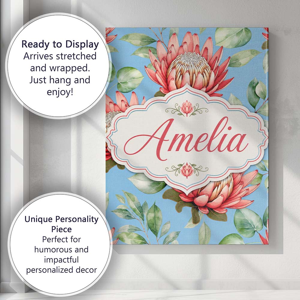 Personalised Name Coral Protea Flowers on Custom Unique Gift Idea Elegant Feature Canvas Wall Art Print Decor Picture Ready to Hang