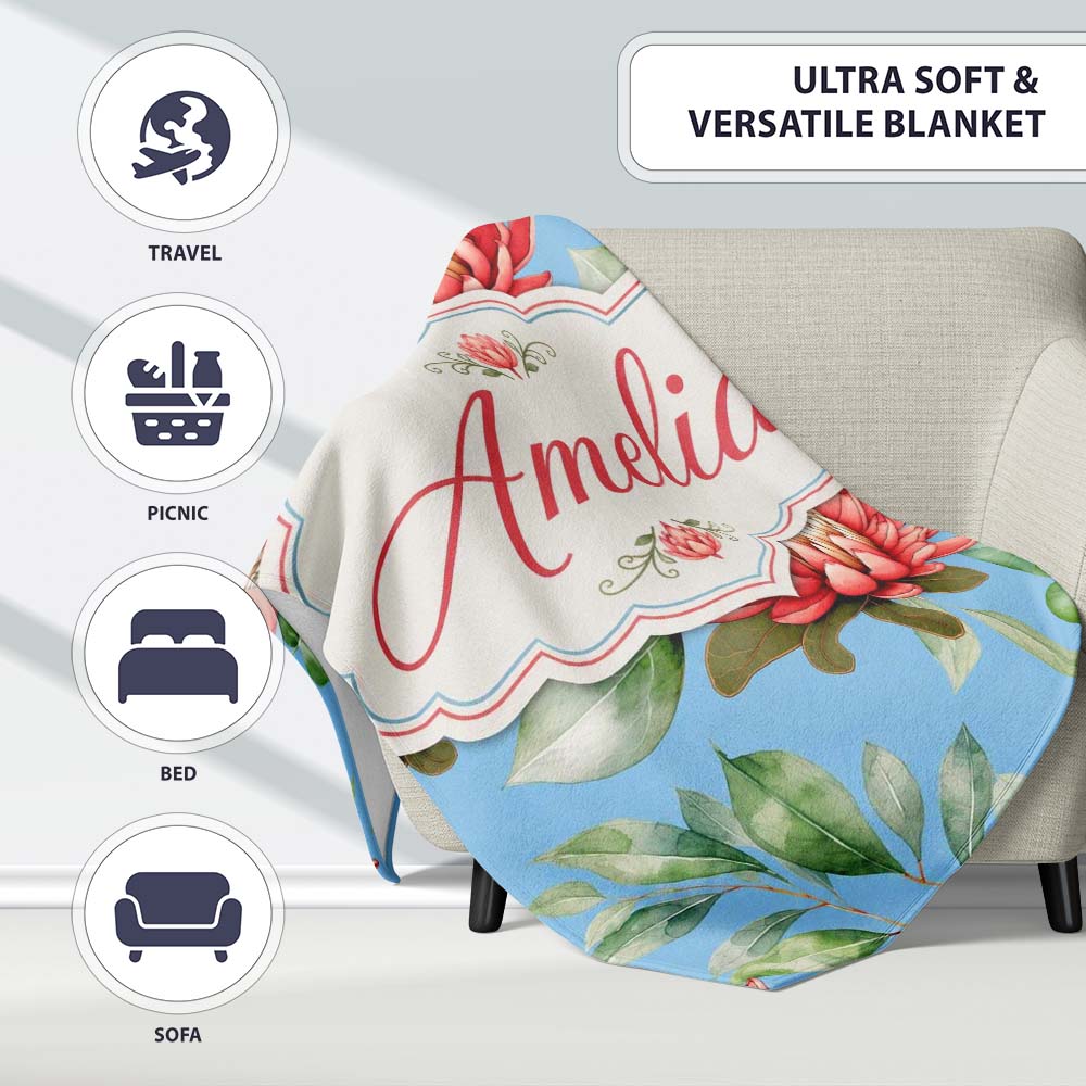 Coral Protea Flowers on Soft Blue Background Seamless Botanical Personalised Custom Name Super Soft Fleece Blanket Bed Sofa Throw