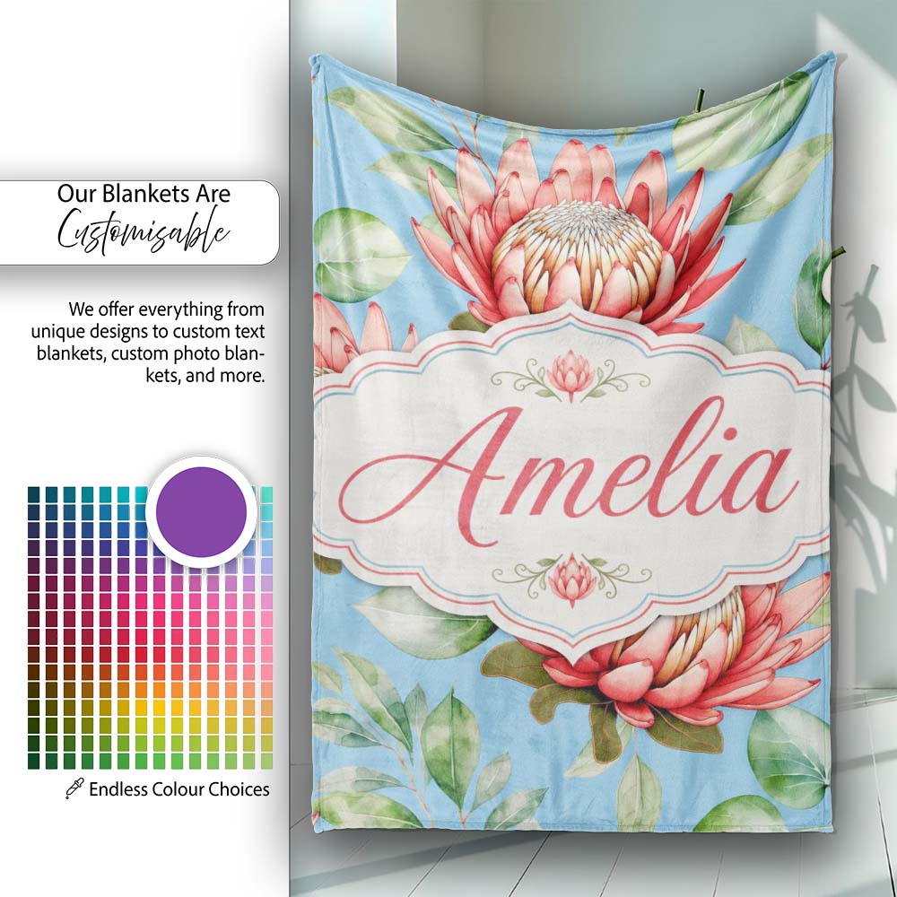 Coral Protea Flowers on Soft Blue Background Seamless Botanical Personalised Custom Name Super Soft Fleece Blanket Bed Sofa Throw