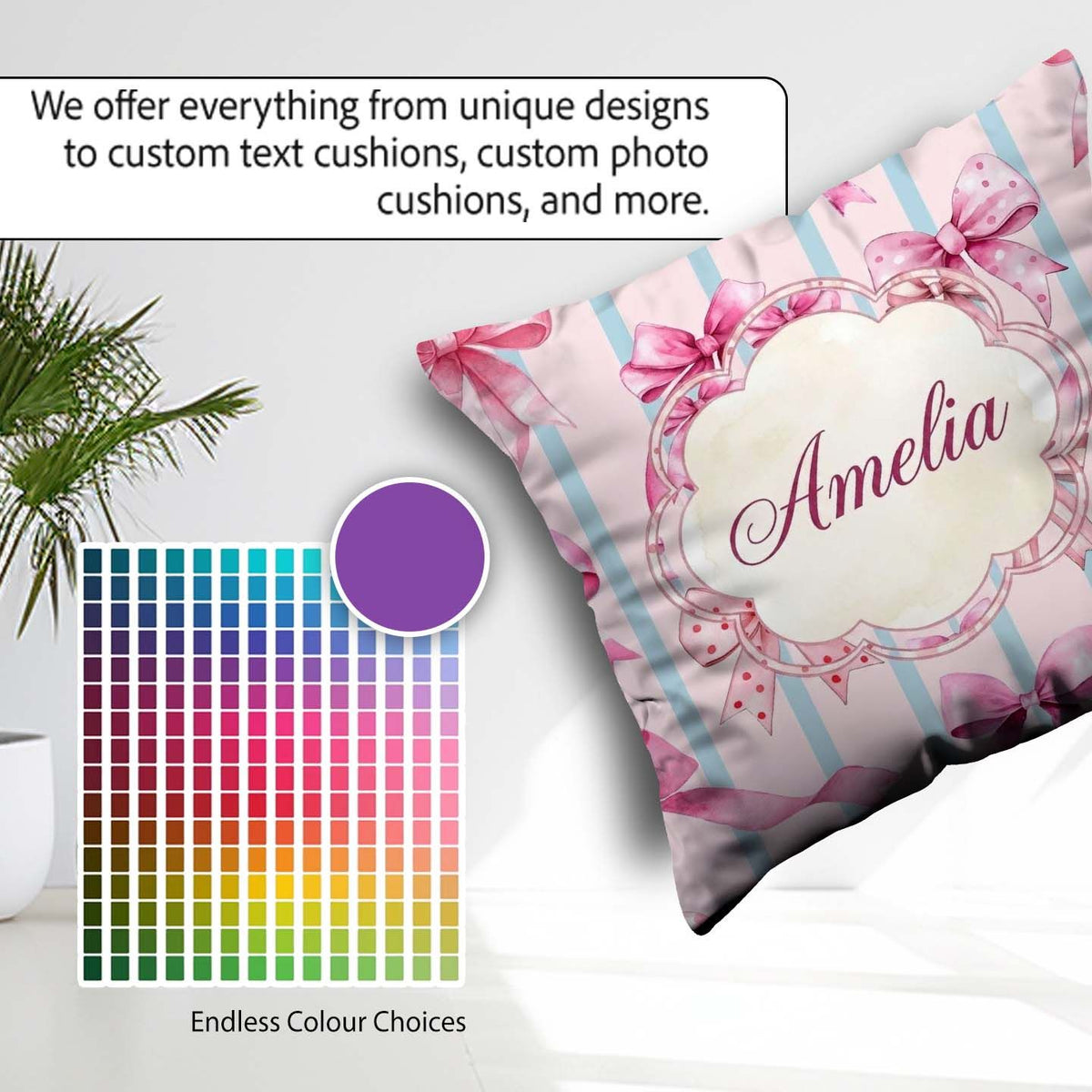 Custom Name Watercolor Pink Ribbon Bow Pattern with Blue Stripes Square Filled Cushion Throw Pillow Sofa Bed Home Decor Zip Washable UK Made