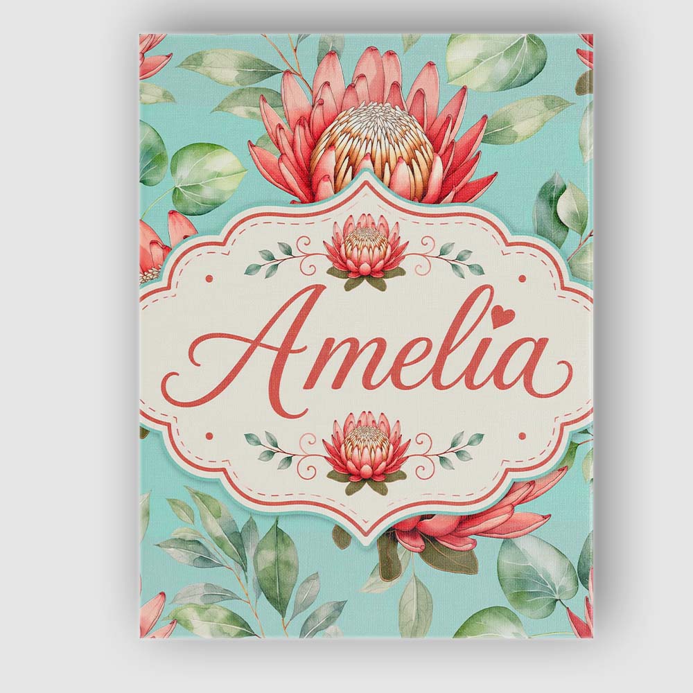 Personalised Name Coral Protea Flowers on Custom Unique Gift Idea Elegant Feature Canvas Wall Art Print Decor Picture Ready to Hang