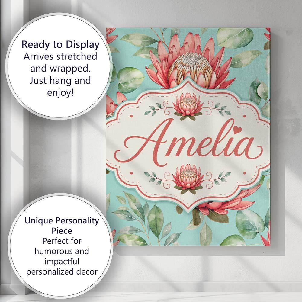 Personalised Name Coral Protea Flowers on Custom Unique Gift Idea Elegant Feature Canvas Wall Art Print Decor Picture Ready to Hang
