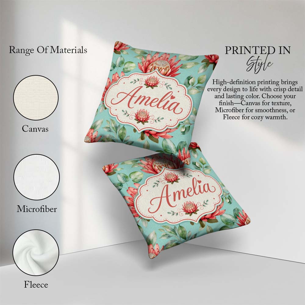 Custom Name Protea Flowers on Teal Background Seamless Botanical Square Filled Cushion Throw Pillow Sofa Bed Home Decor Zip Washable UK Made