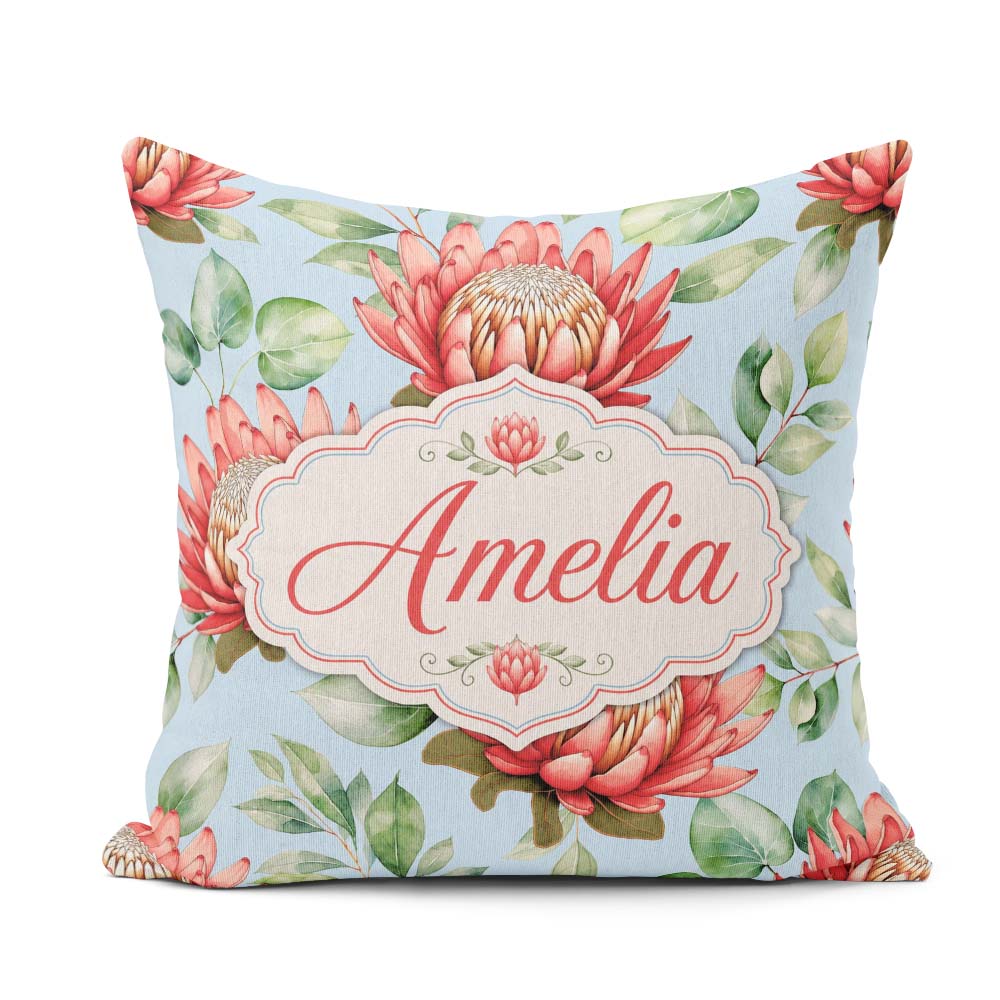 Custom Name Coral Protea Flowers on Sky Blue Background Seamless Square Filled Cushion Throw Pillow Sofa Bed Home Decor Zip Washable UK Made