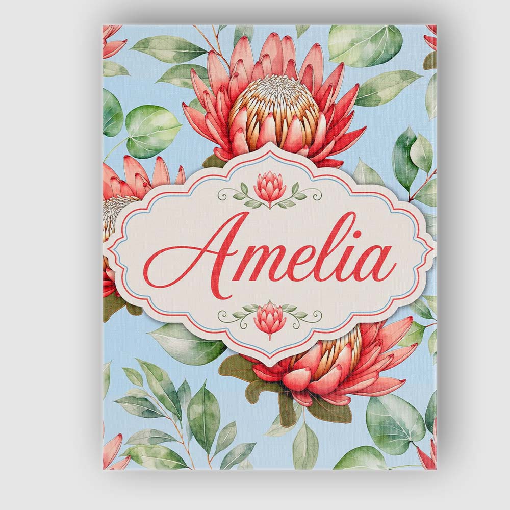 Personalised Name Coral Protea Flowers on Custom Unique Gift Idea Elegant Feature Canvas Wall Art Print Decor Picture Ready to Hang