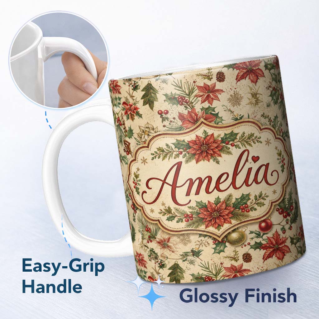Personalized Custom Name Delicate Christmas Florals Holly Berries Pine Sprigs and Festive 11oz Ceramic Coffee Tea Mug White Large Handle