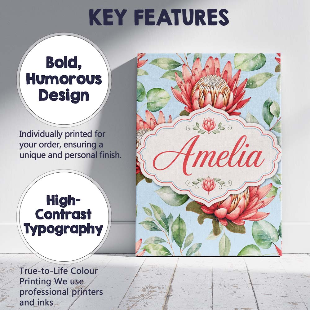 Personalised Name Coral Protea Flowers on Custom Unique Gift Idea Elegant Feature Canvas Wall Art Print Decor Picture Ready to Hang