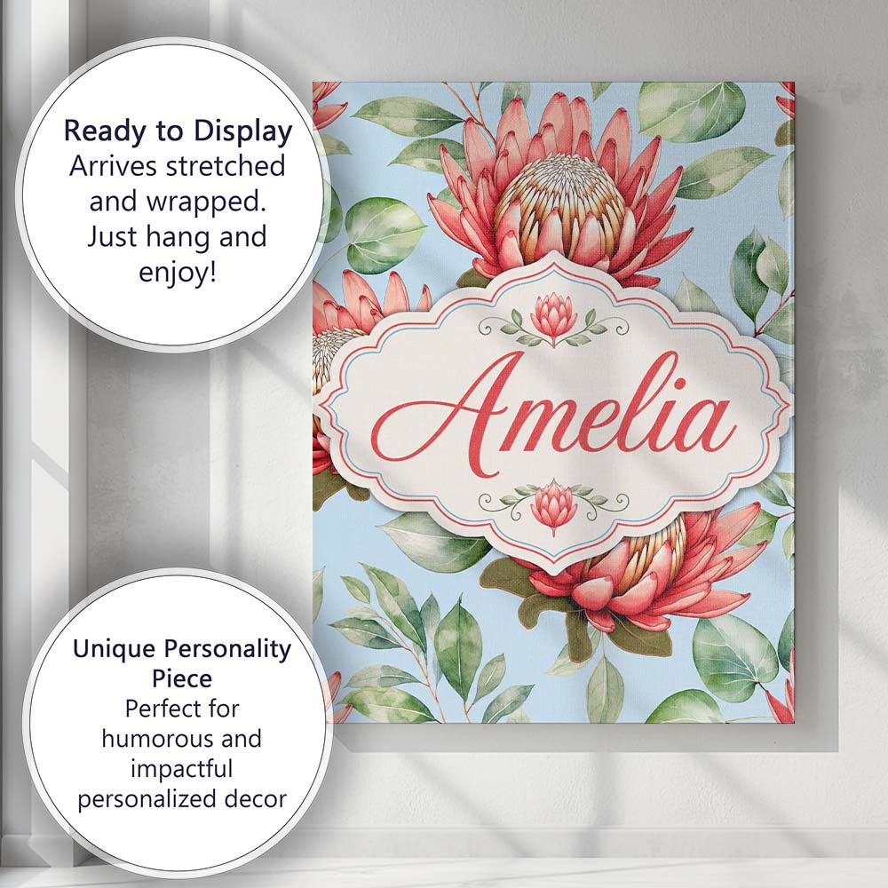 Personalised Name Coral Protea Flowers on Custom Unique Gift Idea Elegant Feature Canvas Wall Art Print Decor Picture Ready to Hang