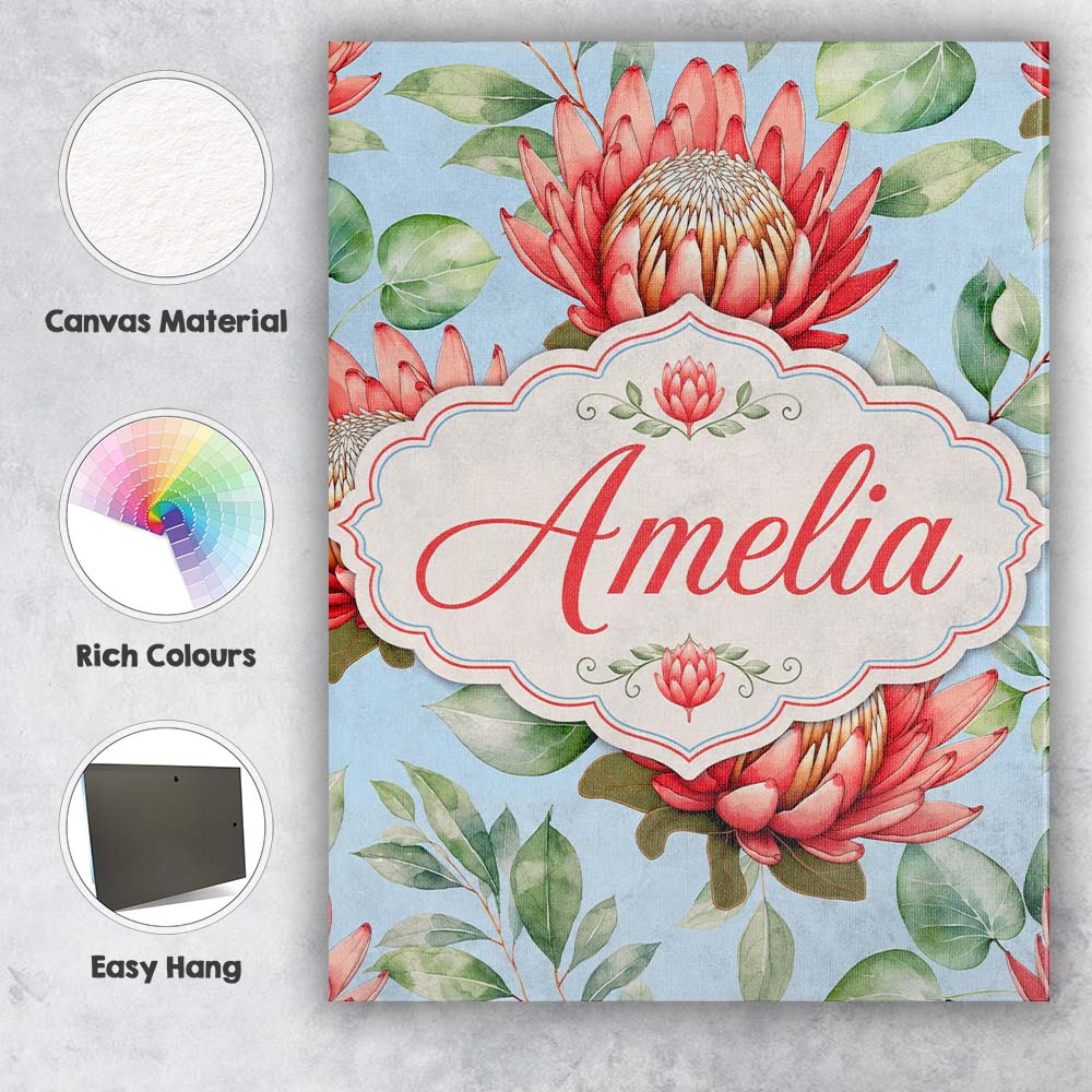 Personalised Name Coral Protea Flowers on Custom Unique Gift Idea Elegant Feature Canvas Wall Art Print Decor Picture Ready to Hang