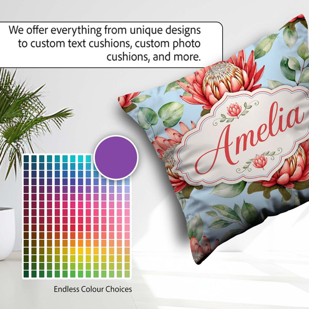 Custom Name Coral Protea Flowers on Sky Blue Background Seamless Square Filled Cushion Throw Pillow Sofa Bed Home Decor Zip Washable UK Made