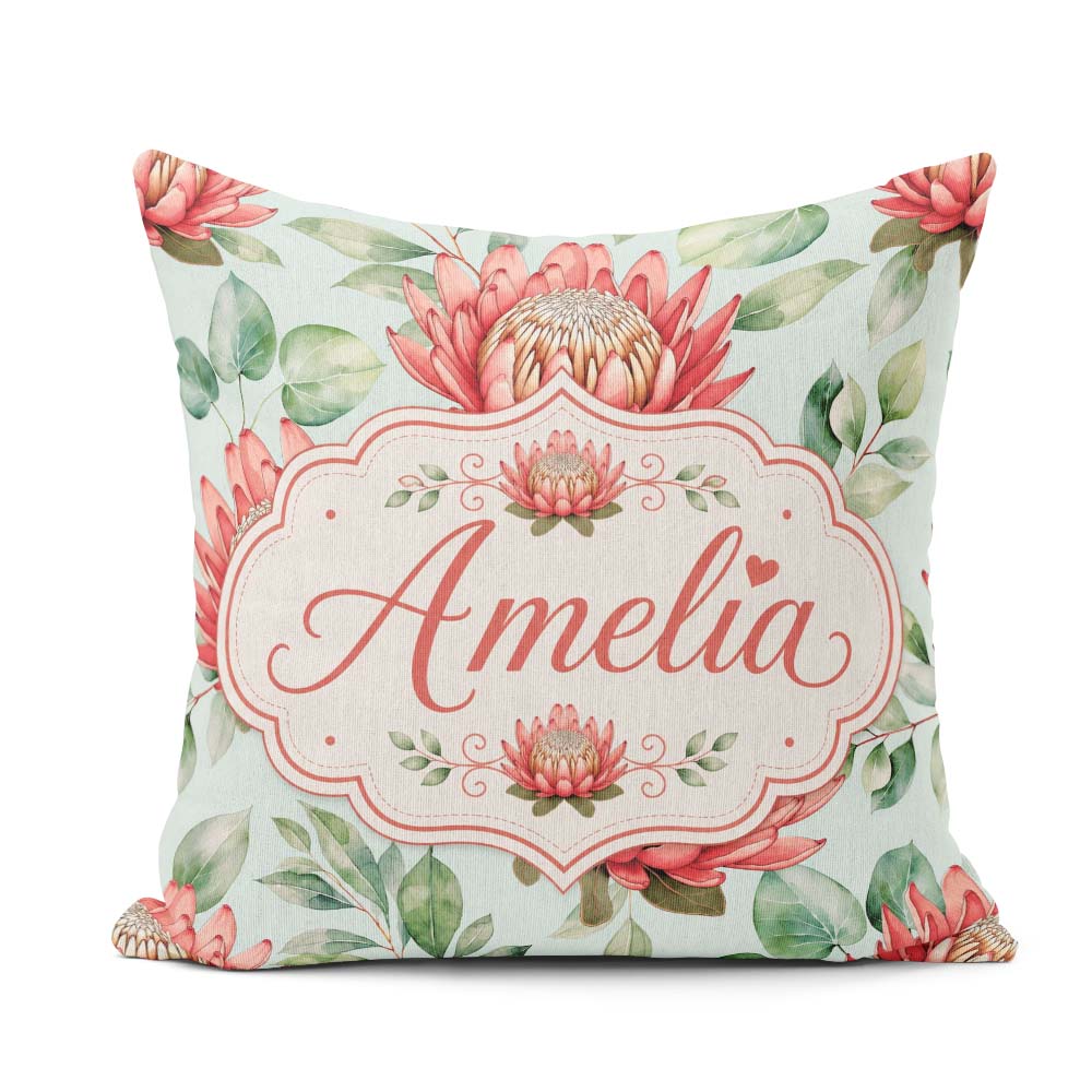 Custom Name Coral Protea Flowers on Soft Mint Seamless Botanical Square Filled Cushion Throw Pillow Sofa Bed Home Decor Zip Washable UK Made