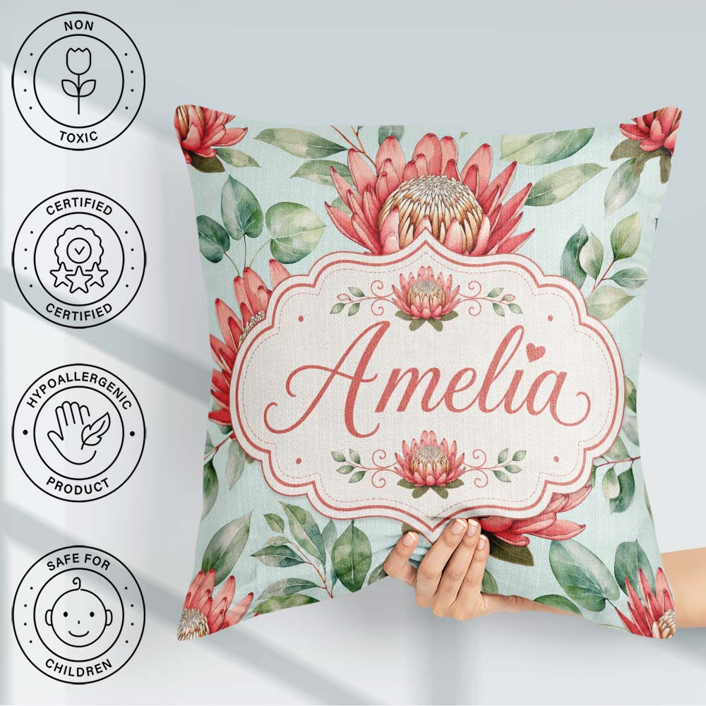 Custom Name Coral Protea Flowers on Soft Mint Seamless Botanical Square Filled Cushion Throw Pillow Sofa Bed Home Decor Zip Washable UK Made