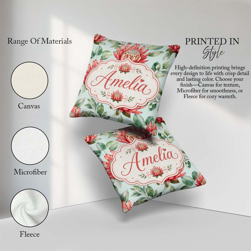 Custom Name Coral Protea Flowers on Soft Mint Seamless Botanical Square Filled Cushion Throw Pillow Sofa Bed Home Decor Zip Washable UK Made