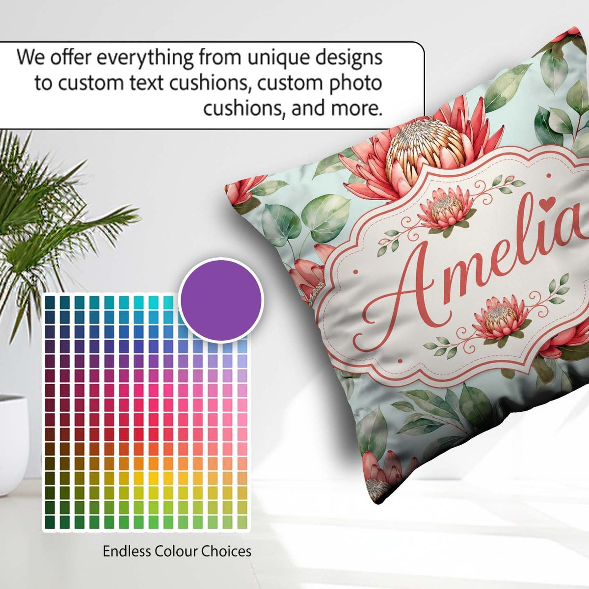 Custom Name Coral Protea Flowers on Soft Mint Seamless Botanical Square Filled Cushion Throw Pillow Sofa Bed Home Decor Zip Washable UK Made