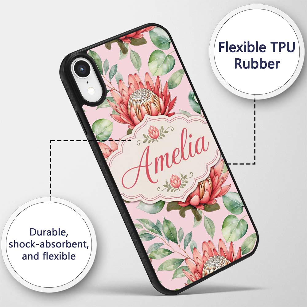 Coral Protea Flowers on Blush Pink Background Custom Name Protective Phone Case Mobile Cover Durable Everyday Smartphone Shock Resistant