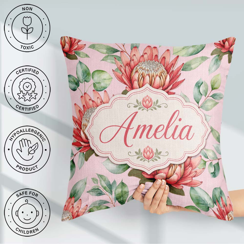 Custom Name Coral Protea Flowers Blush Pink Background Botanical Square Filled Cushion Throw Pillow Sofa Bed Home Decor Zip Washable UK Made