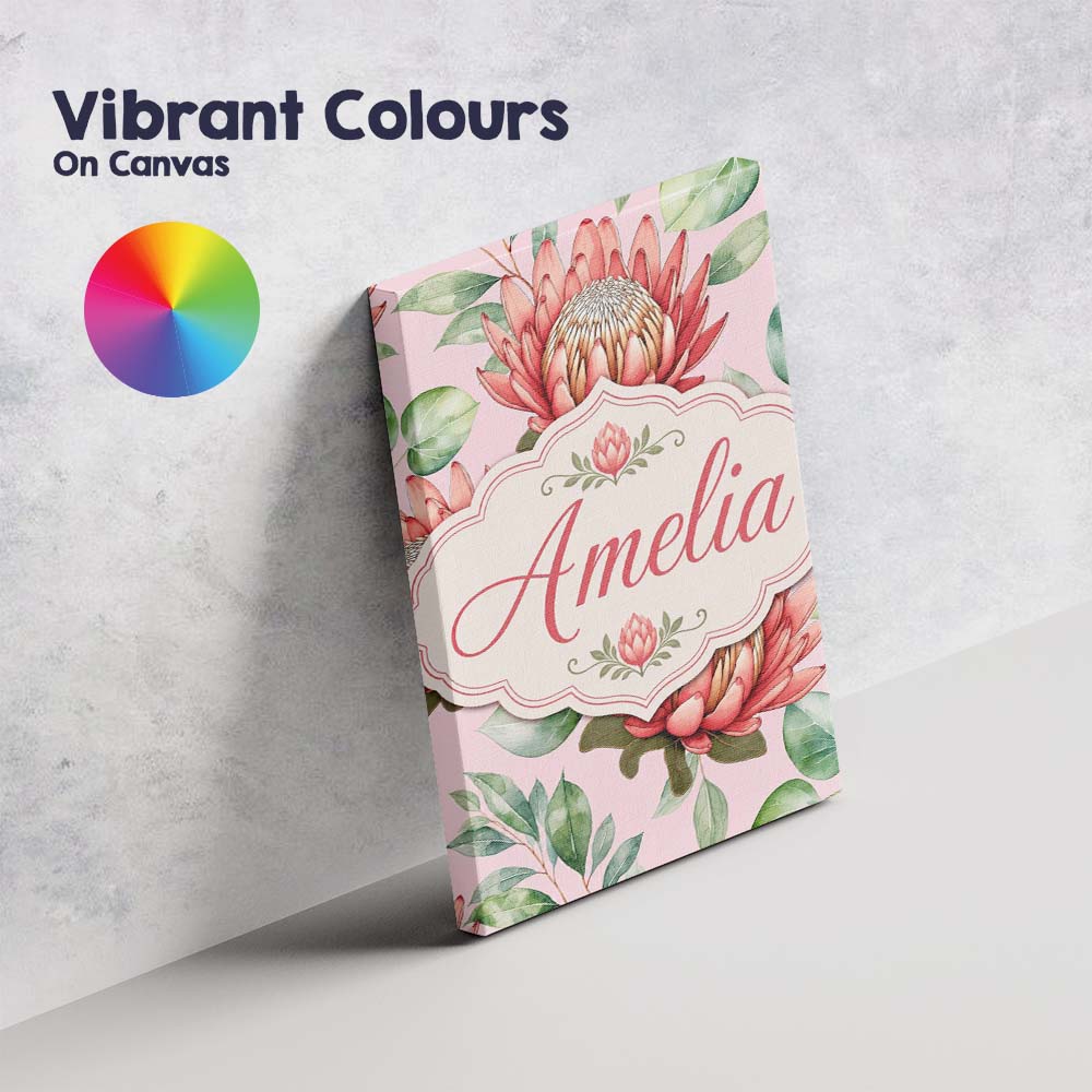 Personalised Name Coral Protea Flowers on Custom Unique Gift Idea Elegant Feature Canvas Wall Art Print Decor Picture Ready to Hang