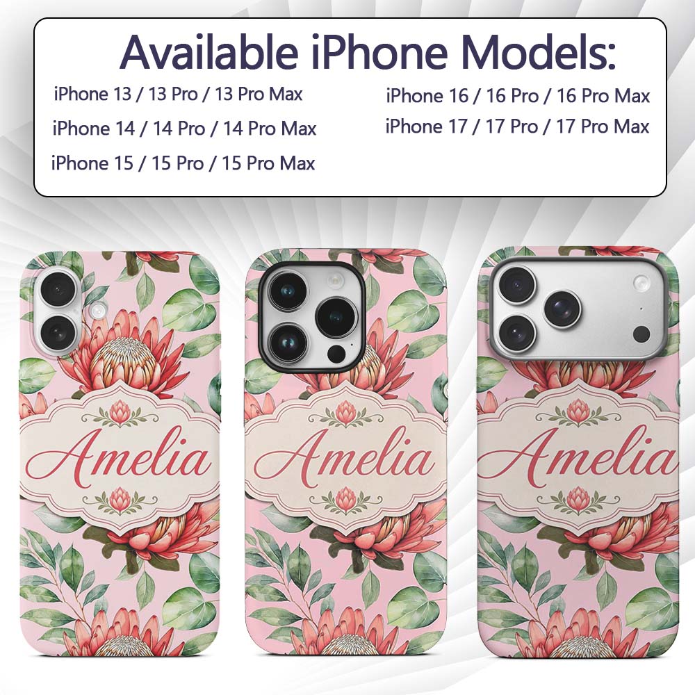 Coral Protea Flowers on Blush Pink Background Custom Name Protective Phone Case Mobile Cover Durable Everyday Smartphone Shock Resistant