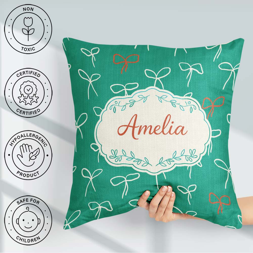 Custom Name Minimal Bow Line Art Green Background Cute Seamless Square Filled Cushion Throw Pillow Sofa Bed Home Decor Zip Washable UK Made