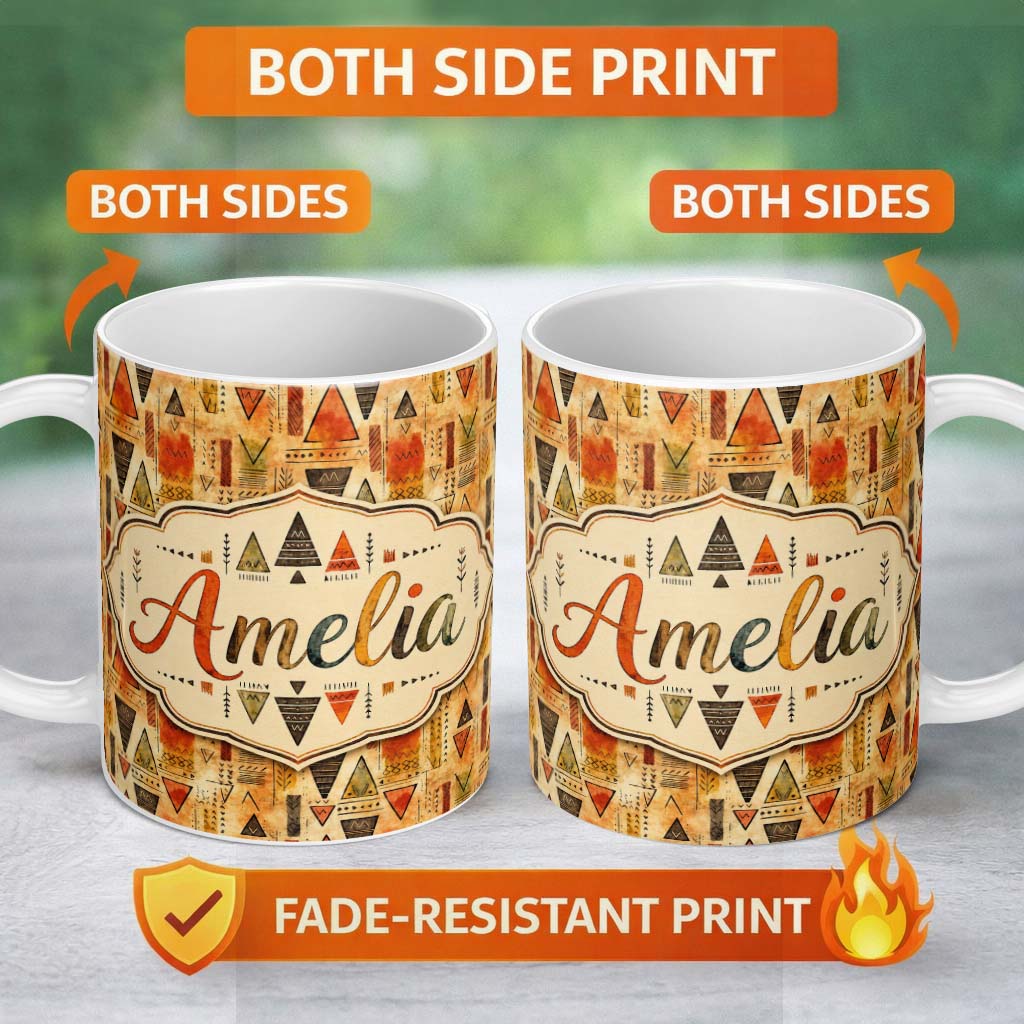 Personalized Custom Name Abstract Tribal Triangle Shapes Warm Earthy Seamless Pattern Design 11oz Ceramic Coffee Tea Mug White Large Handle