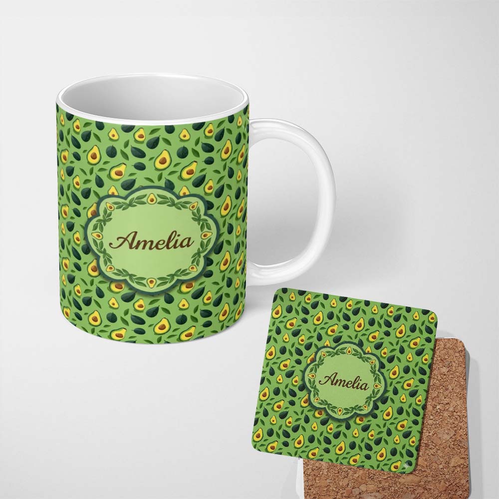 Personalized Custom Name Bright Green Avocado Minimal Pattern Charming Kitchen Decor Lovely 11oz Ceramic Coffee Tea Mug White Large Handle