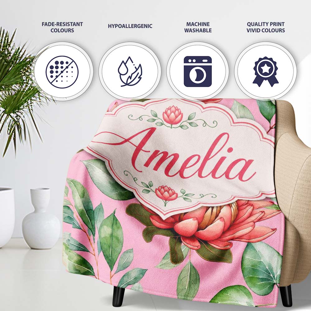 Coral Protea Flowers on Rose Pink Background Seamless Botanical Personalised Custom Name Super Soft Fleece Blanket Bed Sofa Throw