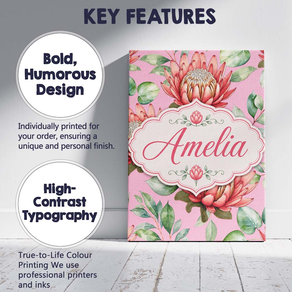 Personalised Name Coral Protea Flowers on Custom Unique Gift Idea Elegant Feature Canvas Wall Art Print Decor Picture Ready to Hang