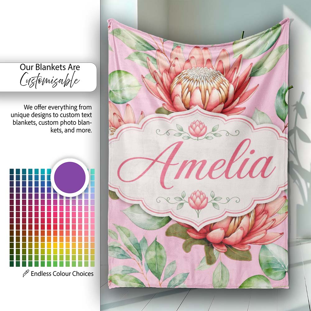 Coral Protea Flowers on Rose Pink Background Seamless Botanical Personalised Custom Name Super Soft Fleece Blanket Bed Sofa Throw
