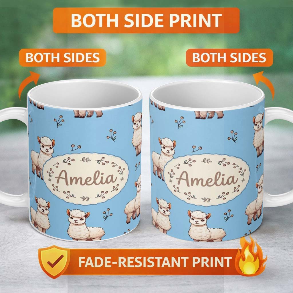 Personalized Custom Name Cute Alpaca Llama Pattern with Floral Sprigs on Bright Blue Lovely 11oz Ceramic Coffee Tea Mug White Large Handle