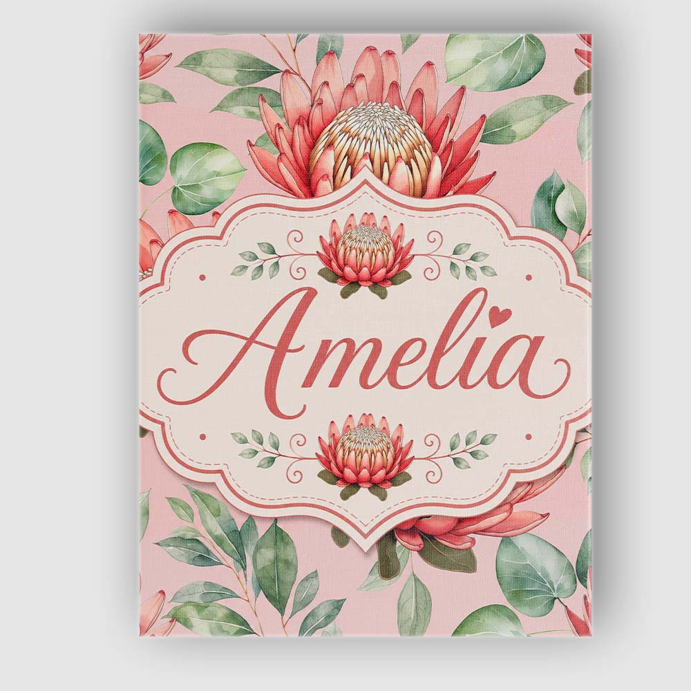 Personalised Name Coral Protea Flowers on Custom Unique Gift Idea Elegant Feature Canvas Wall Art Print Decor Picture Ready to Hang