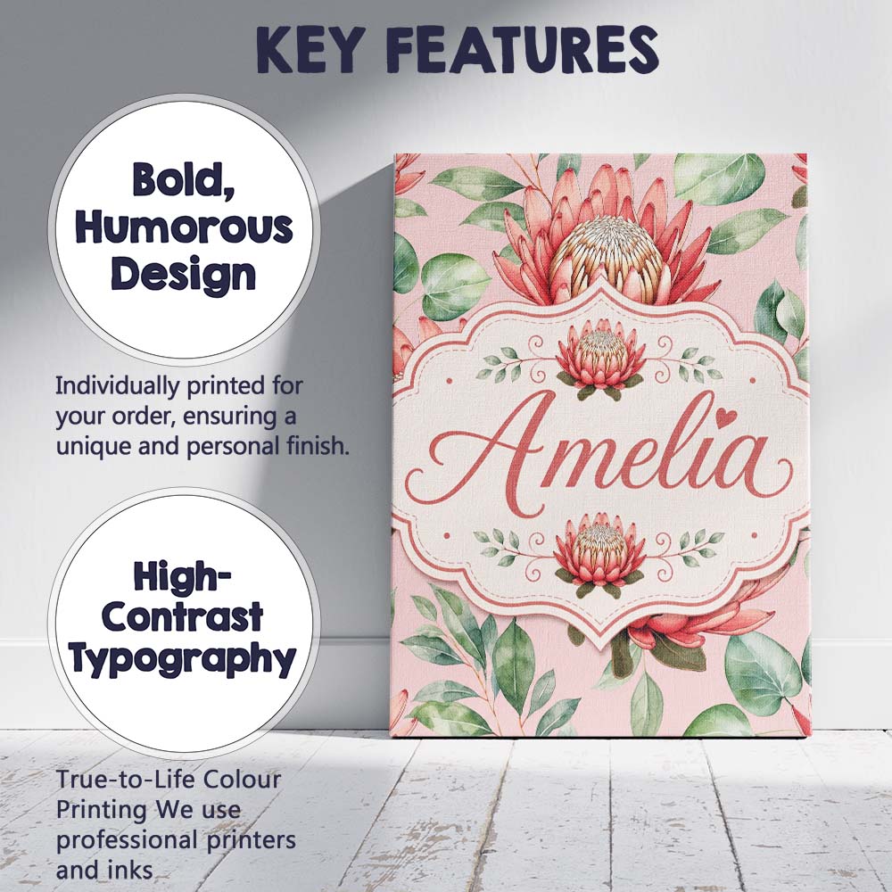 Personalised Name Coral Protea Flowers on Custom Unique Gift Idea Elegant Feature Canvas Wall Art Print Decor Picture Ready to Hang