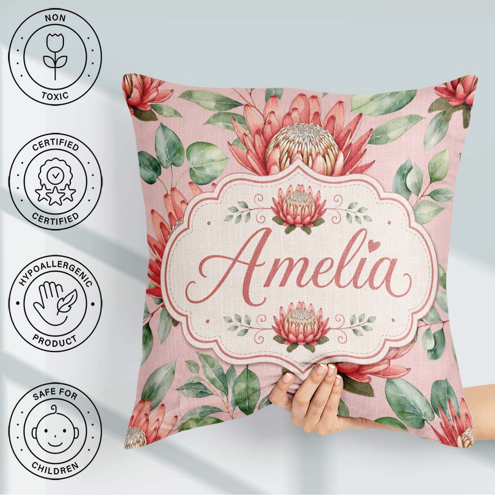 Custom Name Coral Protea Flowers on Warm Nude Seamless Botanical Square Filled Cushion Throw Pillow Sofa Bed Home Decor Zip Washable UK Made