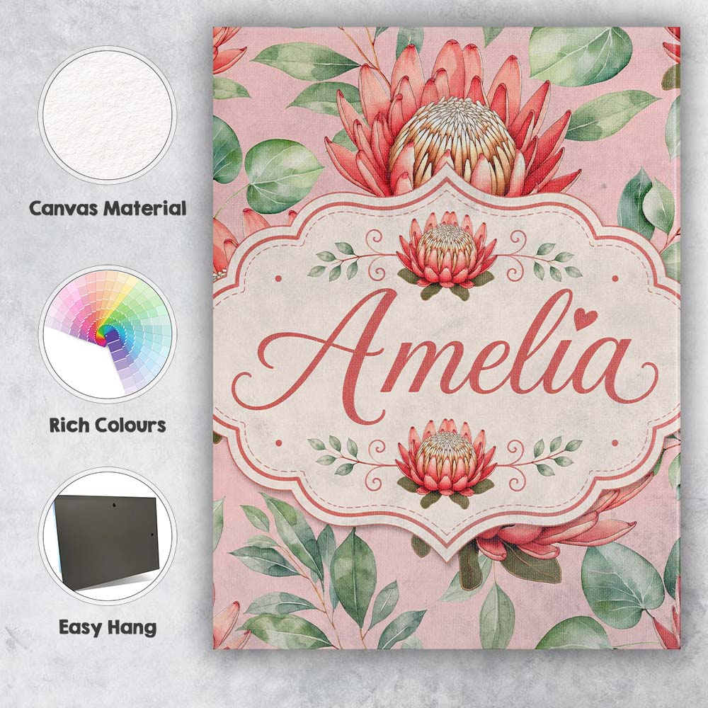 Personalised Name Coral Protea Flowers on Custom Unique Gift Idea Elegant Feature Canvas Wall Art Print Decor Picture Ready to Hang