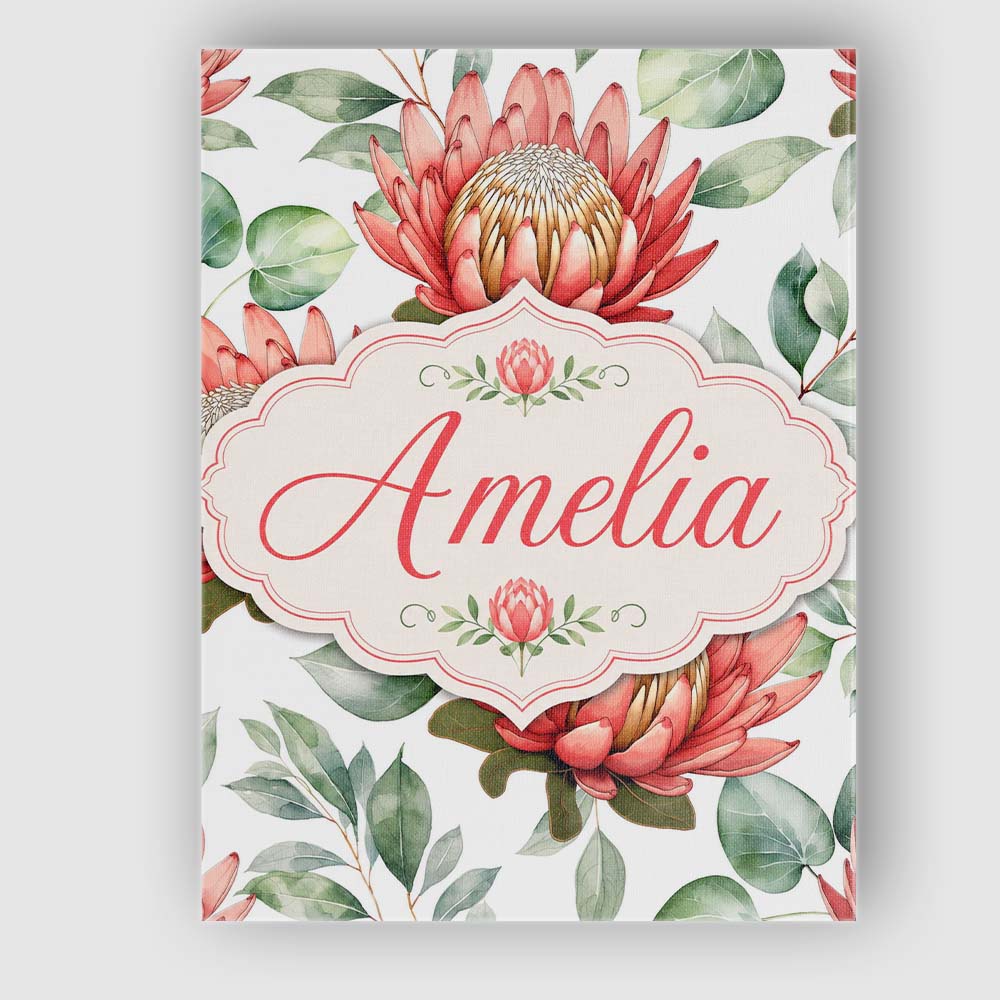 Personalised Name Coral Protea Flowers on Custom Unique Gift Idea Elegant Feature Canvas Wall Art Print Decor Picture Ready to Hang