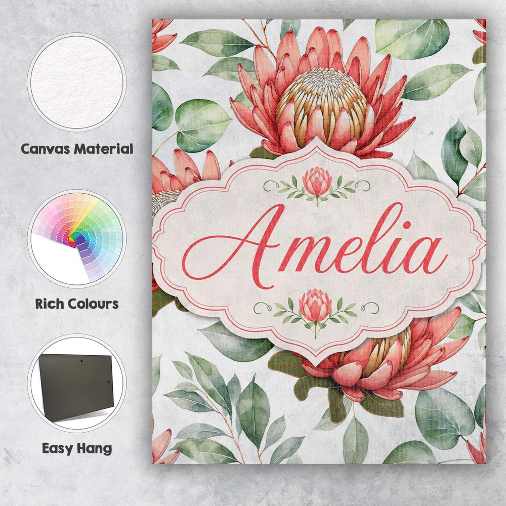 Personalised Name Coral Protea Flowers on Custom Unique Gift Idea Elegant Feature Canvas Wall Art Print Decor Picture Ready to Hang