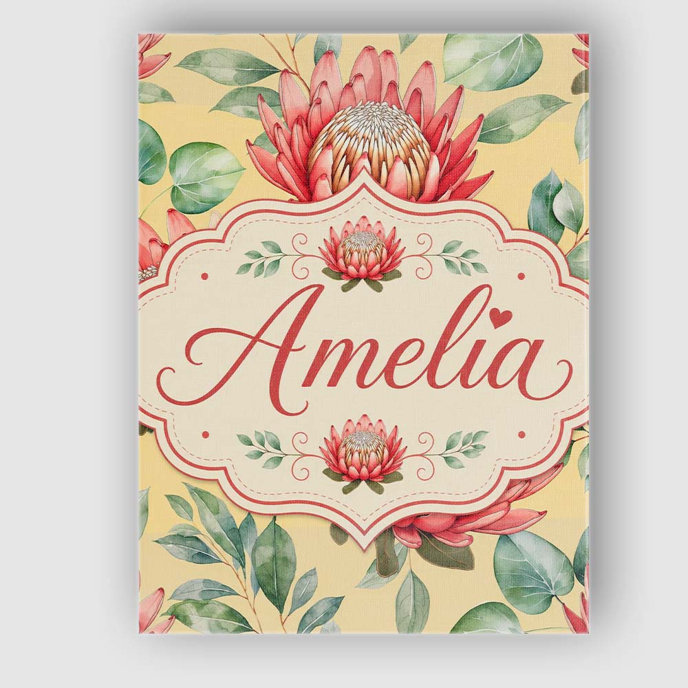 Personalised Name Coral Protea Flowers on Custom Unique Gift Idea Elegant Feature Canvas Wall Art Print Decor Picture Ready to Hang