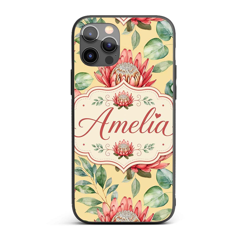 Coral Protea Flowers on Soft Yellow Background Custom Name Protective Phone Case Mobile Cover Durable Everyday Smartphone Shock Resistant